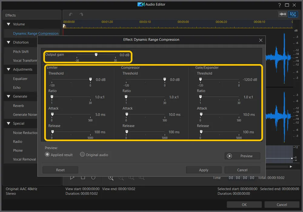 The Dynamic Range Compression window with Output gain and the Limiter, Compressor, and Gate/Expander sliders highlighted