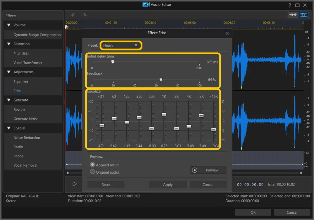 Echo set to Heavy, with Initial delay time, Feedback, and the echo's Equalizer highlighted