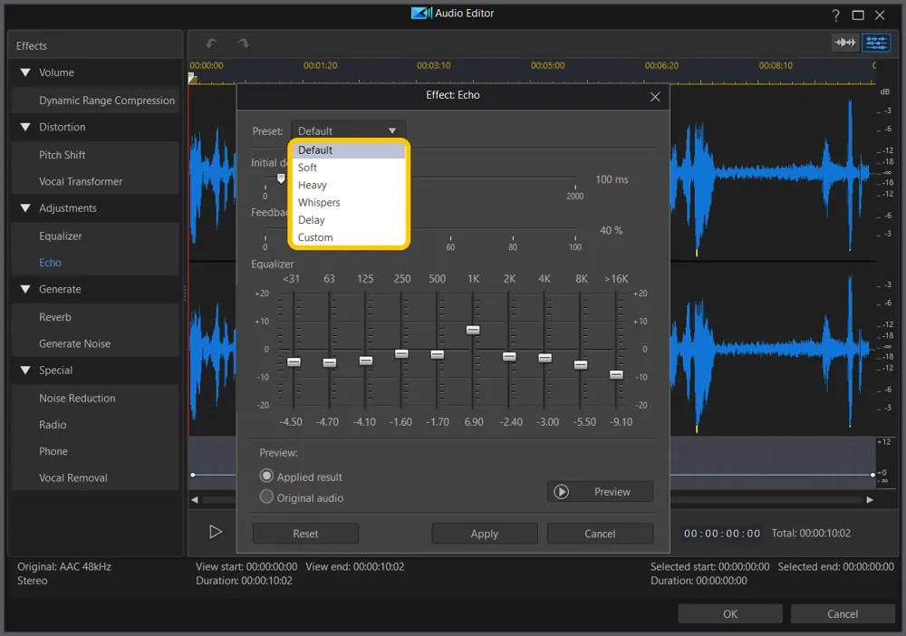 The Echo Preset list open, with Default, Soft, Heavy, Whispers, Delay, and Custom highlighted