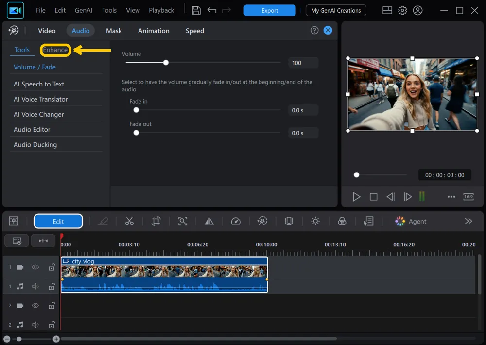 The Audio tab of the editing panel with the Enhance tab highlighted next to Tools