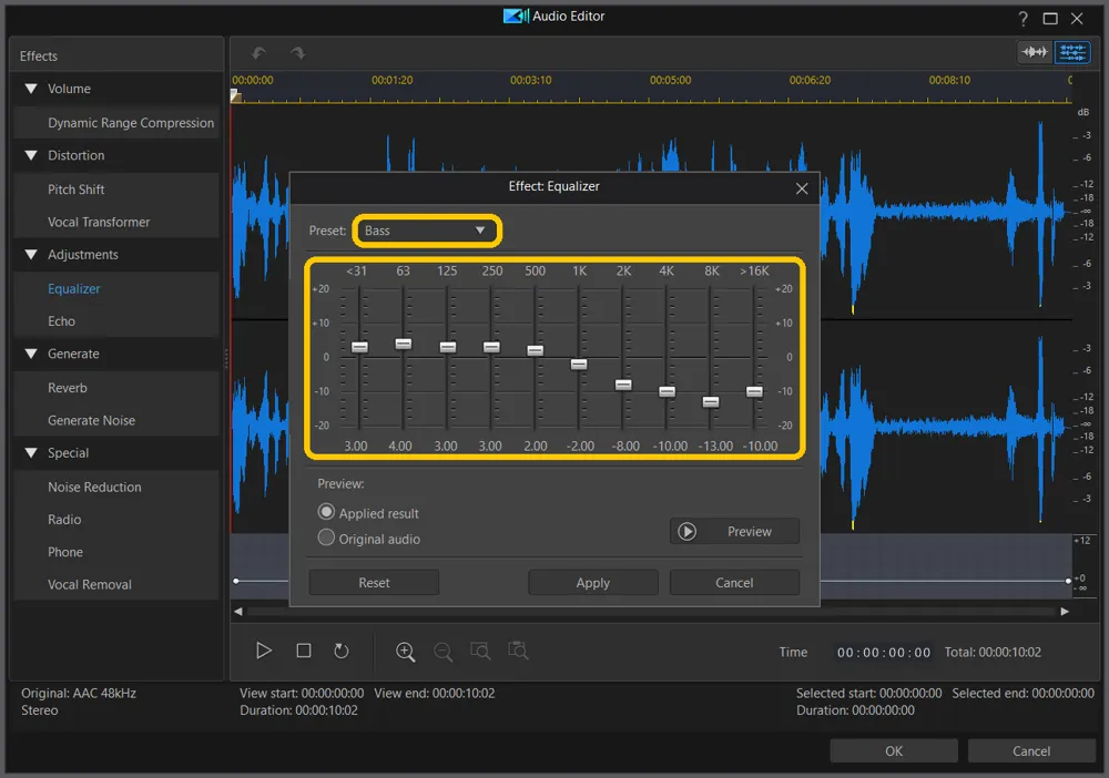 Equalizer set to the Bass preset, with the 10 band sliders highlighted