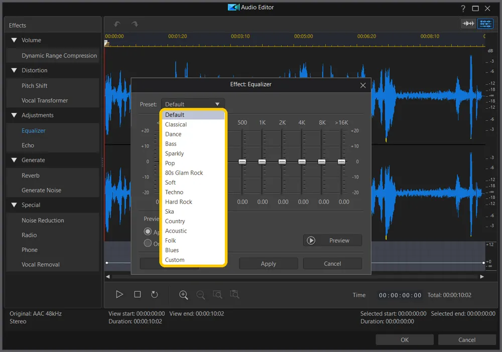 The Equalizer Preset list open, from Default and Classical down to Blues and Custom, highlighted