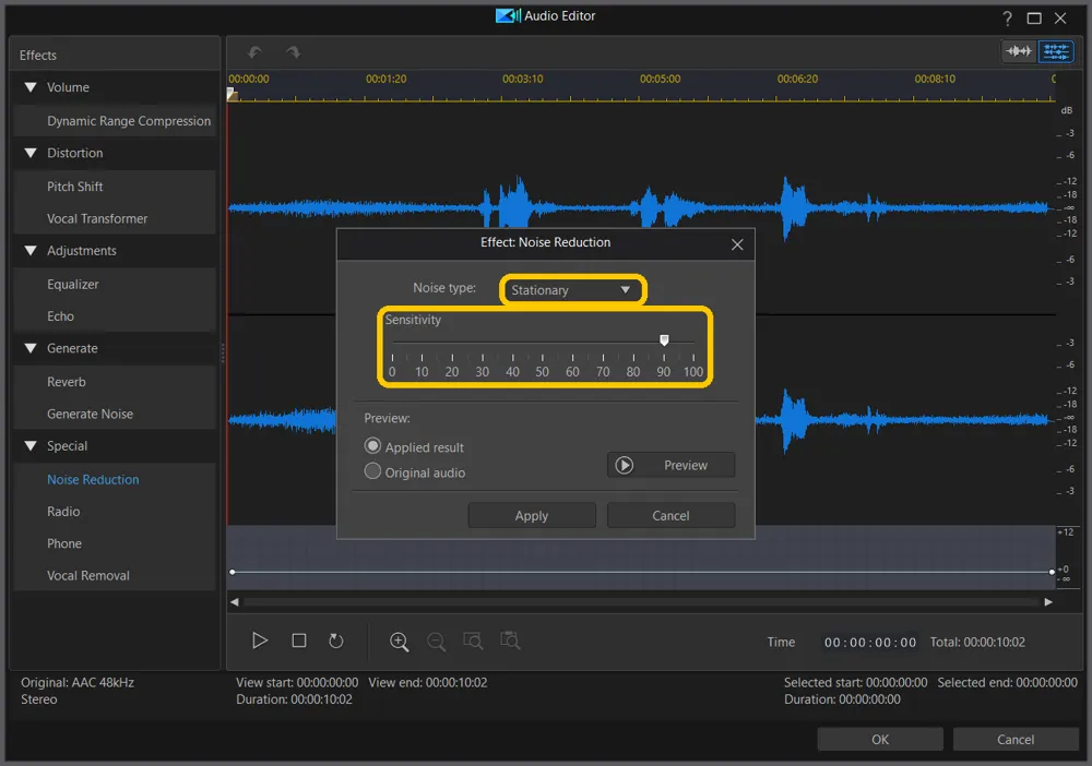 Noise Reduction set to Stationary, with the Sensitivity slider at 90 highlighted
