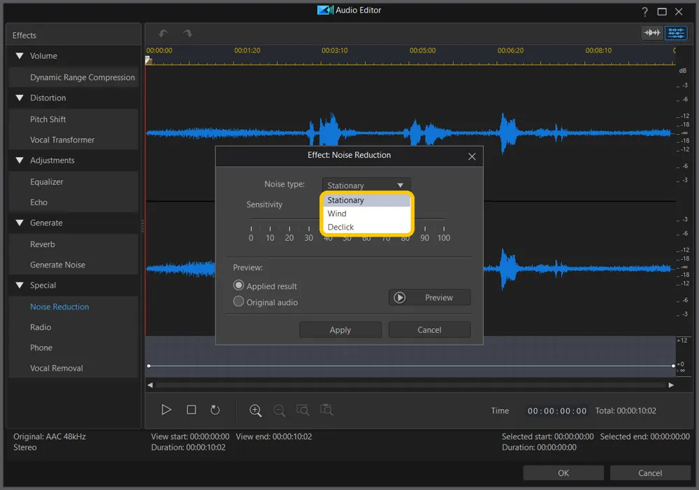The Noise Reduction Noise type list open, with Stationary, Wind, and Declick highlighted