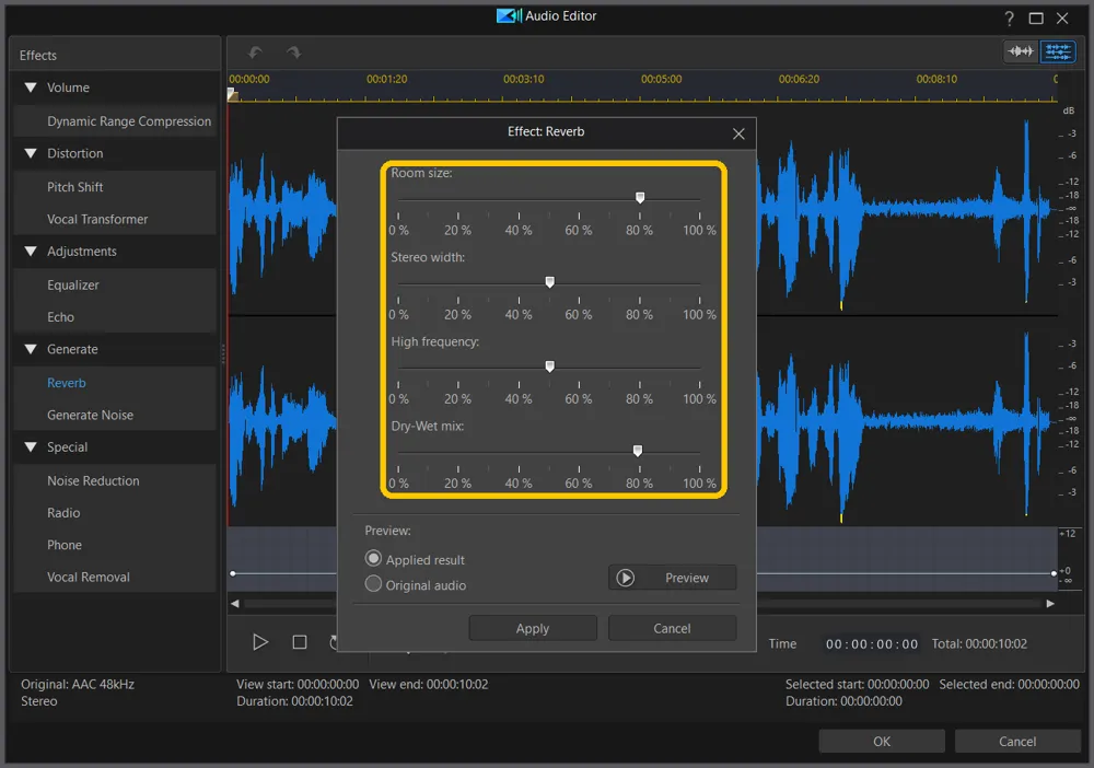 The Reverb window with the Room size, Stereo width, High frequency, and Dry-Wet mix sliders highlighted