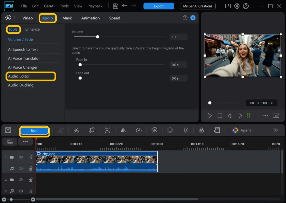 The Edit button above the timeline and the Audio tab, Tools, and Audio Editor in the editing panel, all highlighted