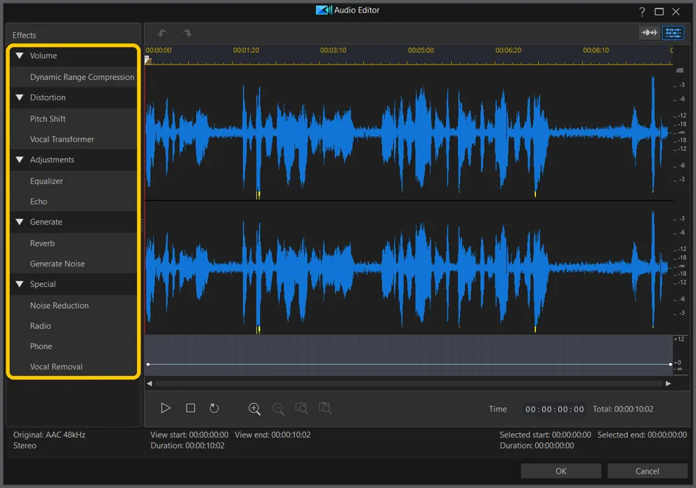The Audio Editor window with the effects list highlighted on the left, showing 11 effects in five groups