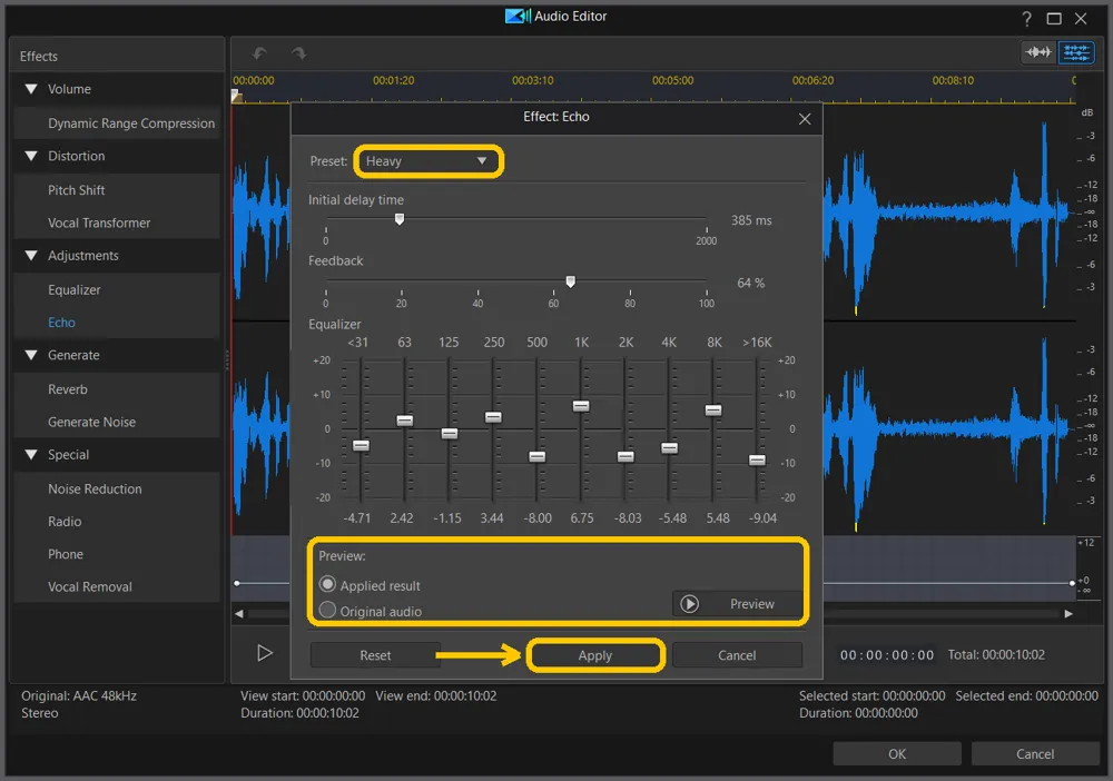 The Echo window with the Heavy preset, the Applied result and Preview controls, and Apply highlighted
