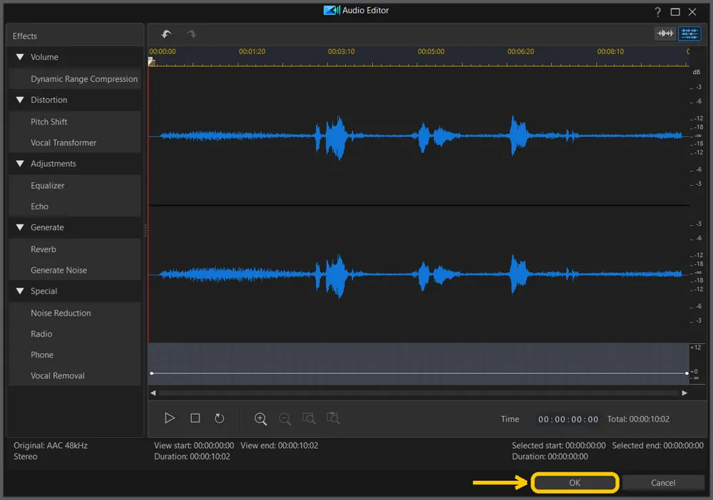 Audio Editor after an effect is applied, with the OK button highlighted at the bottom right