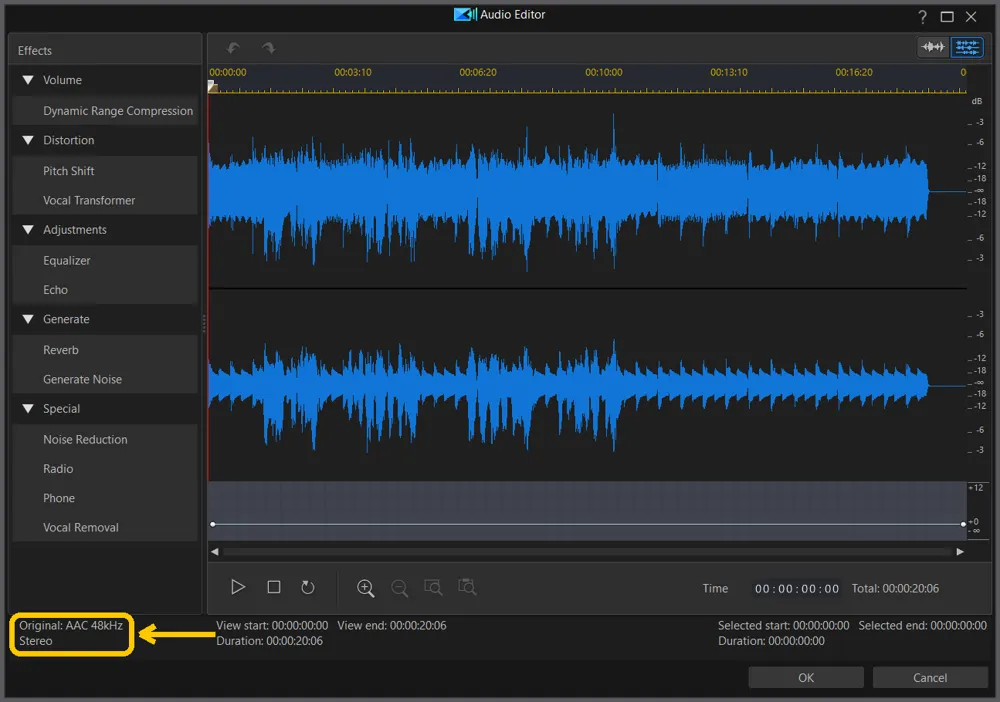 Audio Editor open on a song, with the Original: AAC 48kHz, Stereo label highlighted at the bottom left