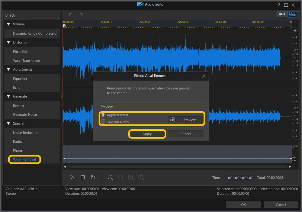 Vocal Removal highlighted under Special, with its window's Applied result and Preview controls and Apply highlighted