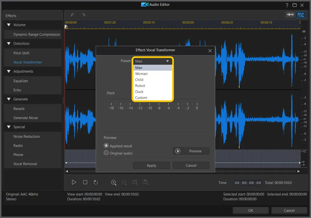 The Vocal Transformer Preset list open, with Man, Woman, Child, Robot, Duck, and Custom highlighted