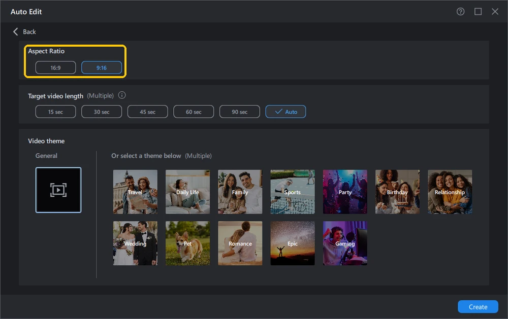 Auto Edit settings screen with the Aspect Ratio options highlighted, 9:16 selected