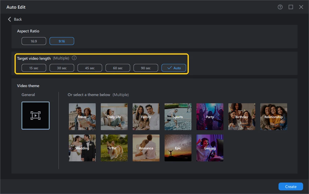 Auto Edit settings screen with the Target video length row highlighted, Auto selected