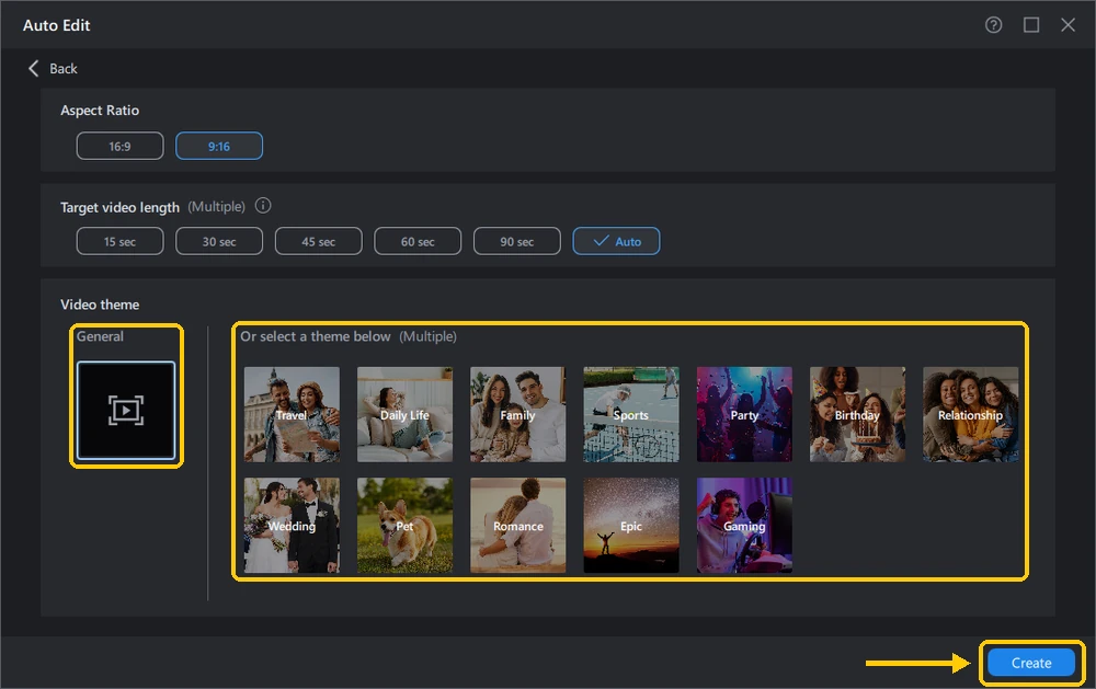 Auto Edit settings screen with the General theme card, the 12 video themes, and the Create button highlighted