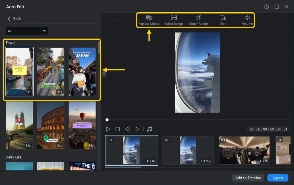 Auto Edit result screen with the template list and the clip tool row highlighted