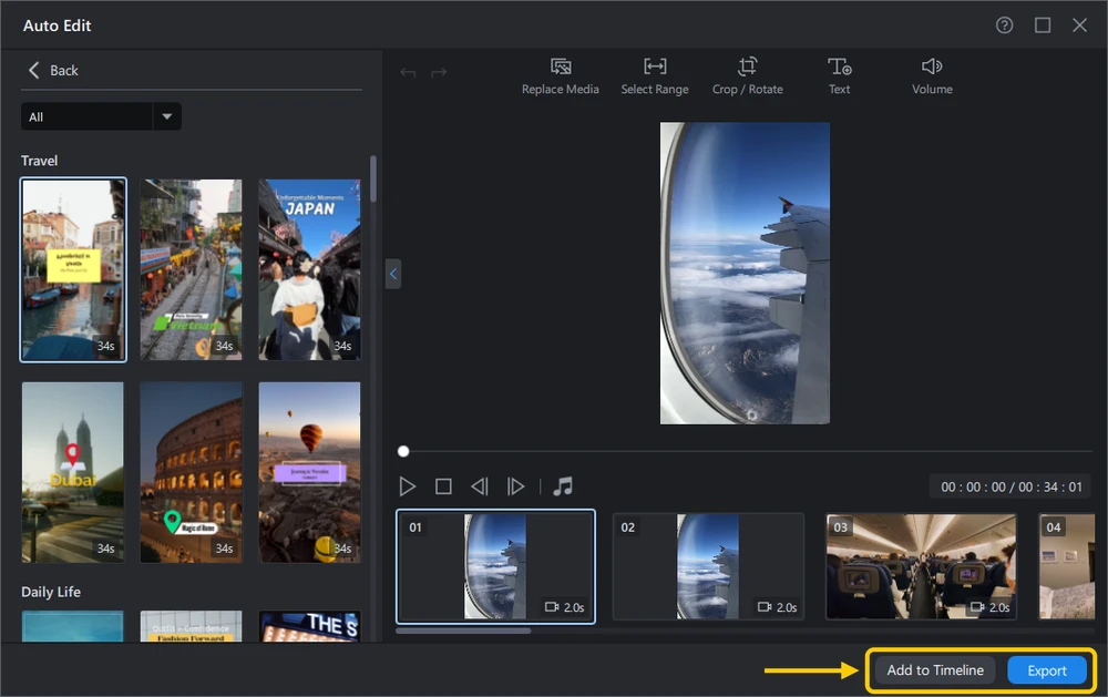 Auto Edit result screen with the Add to Timeline and Export buttons highlighted