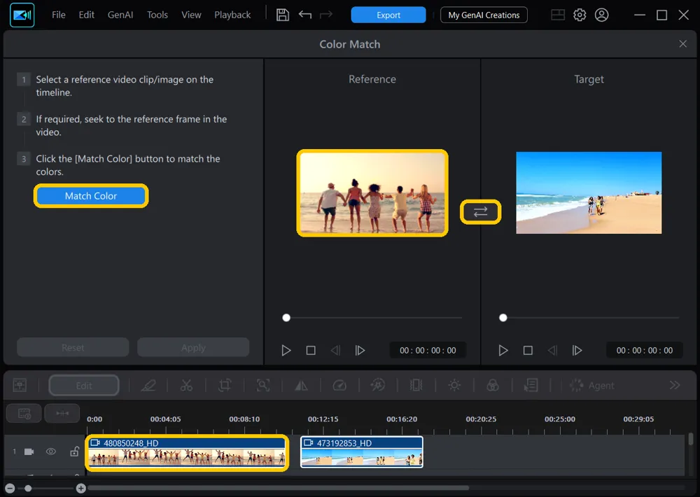 The Color Match window with the sunset clip selected on the timeline and shown under Reference, and the swap button and the Match Color button highlighted