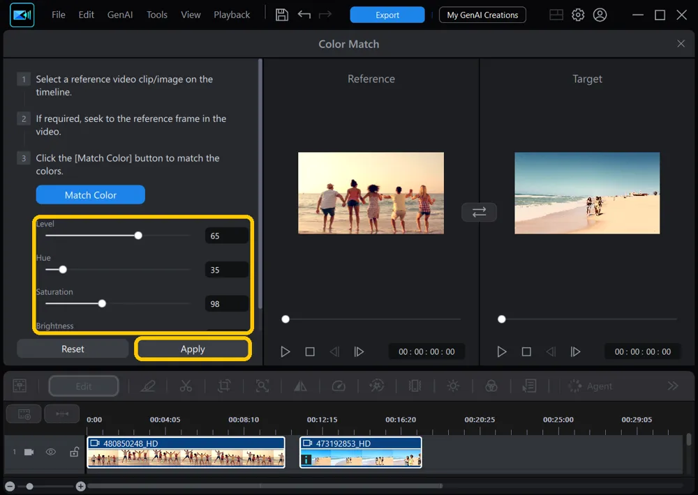 The Color Match sliders highlighted with Level at 65, Hue at 35, and Saturation at 98, and the Apply button highlighted