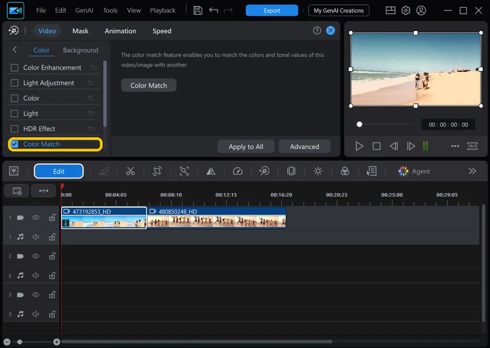The Color list in PowerDirector with the Color Match box checked and highlighted, and the matched beach clip, now warmer, in the preview