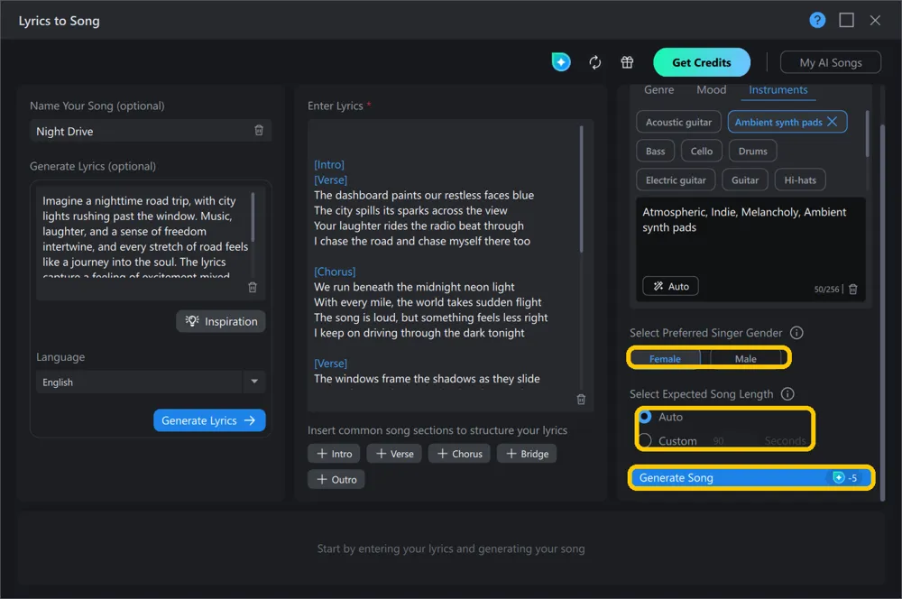 The singer gender buttons, the song length options, and the Generate Song button highlighted