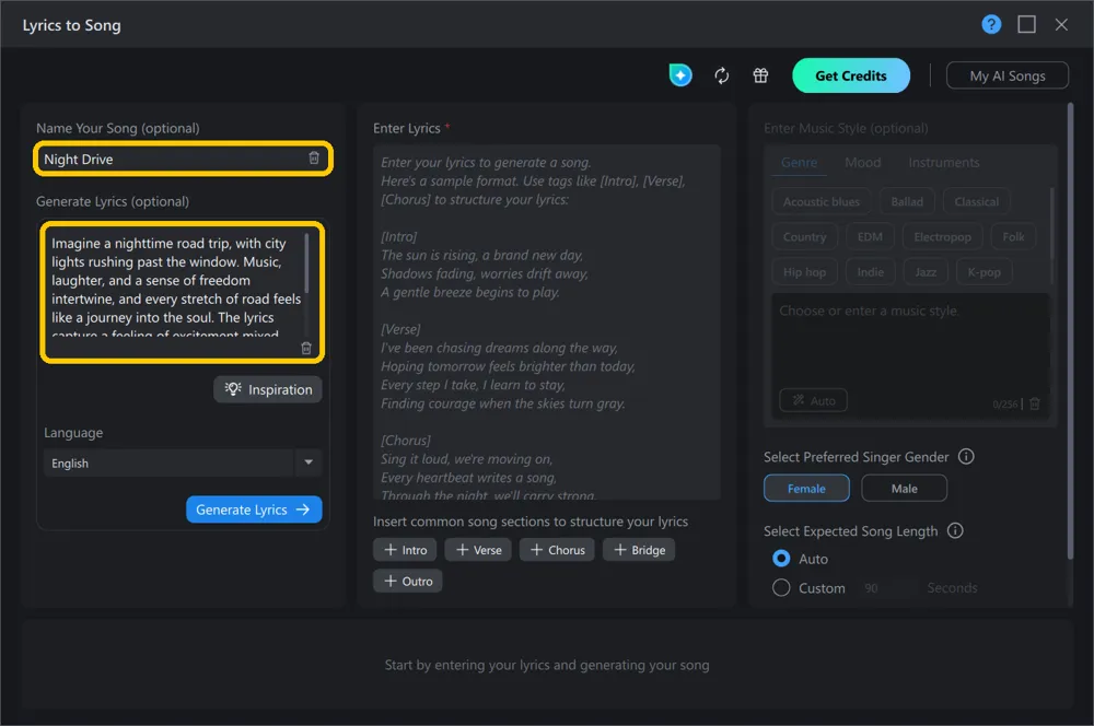 The song name Night Drive and the night road trip description highlighted