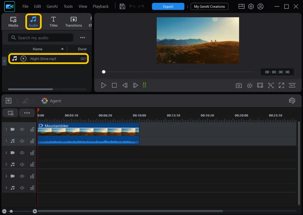 The Audio room tab and the Night Drive song in the media library, both highlighted