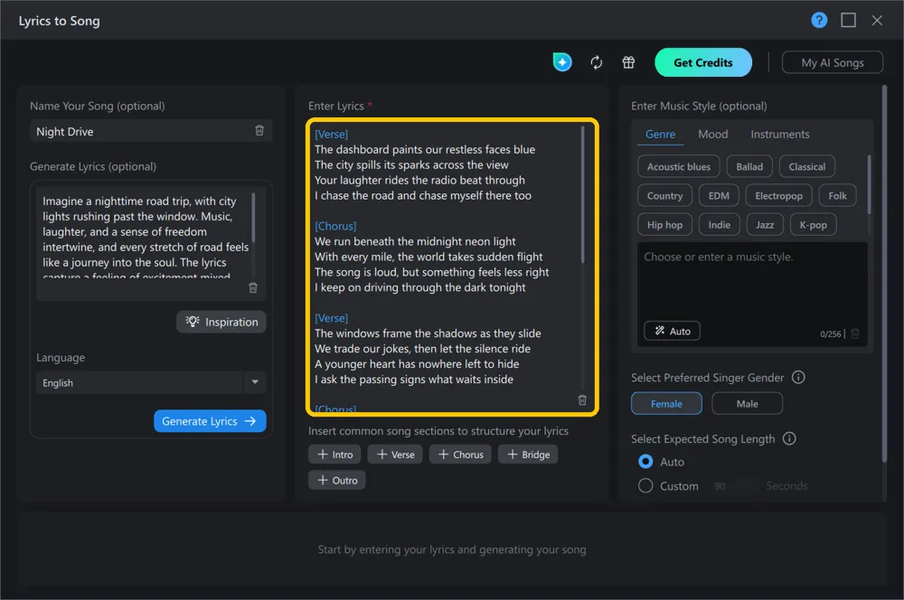 The generated lyrics in the Enter Lyrics box, with Verse and Chorus tags
