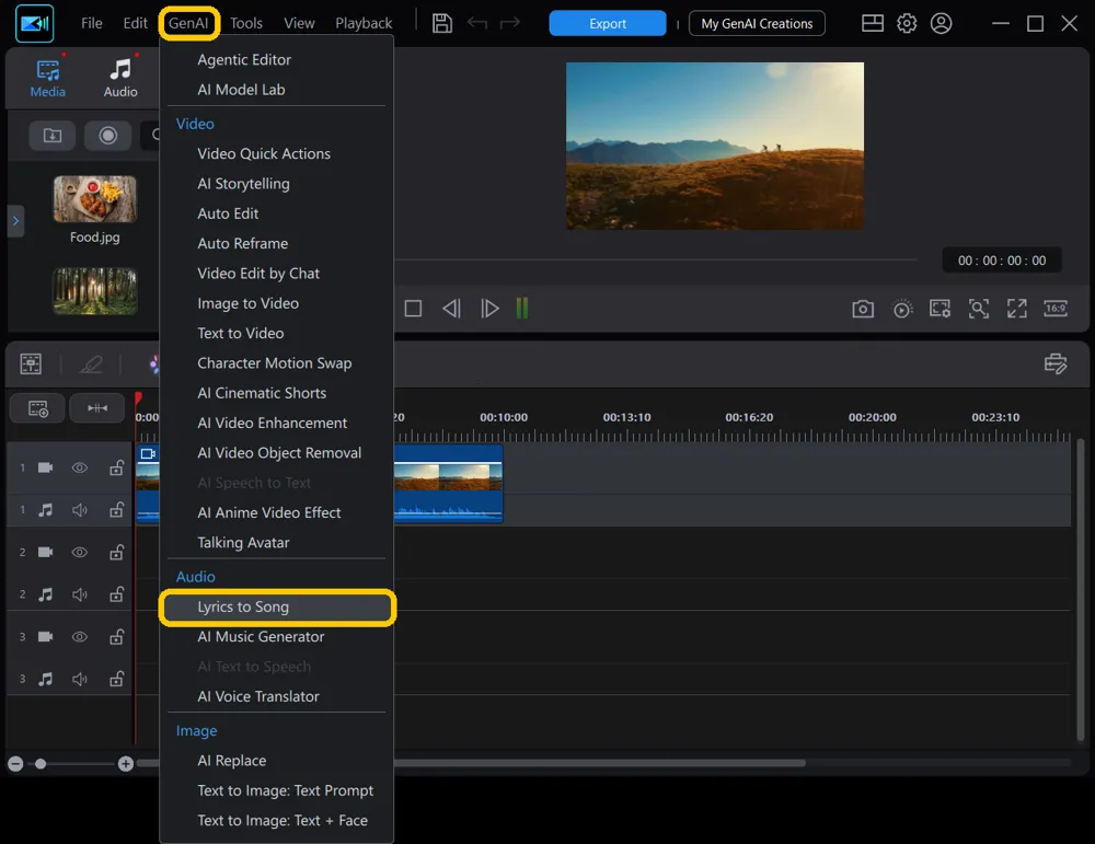 The GenAI menu open with Lyrics to Song highlighted under Audio