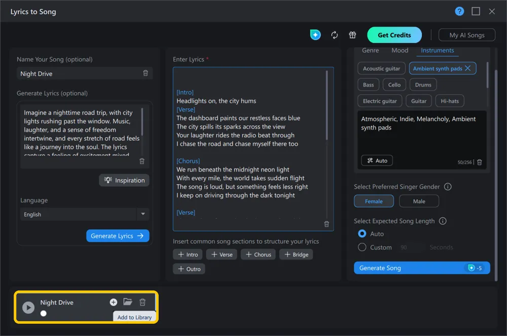 The finished song Night Drive with its play, Add to Library, folder, and trash icons highlighted