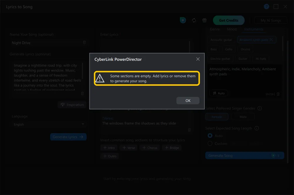 The message that some sections are empty, asking to add lyrics or remove them