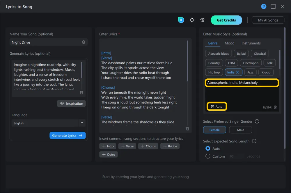 The suggested style Atmospheric, Indie, Melancholy and the Auto button highlighted
