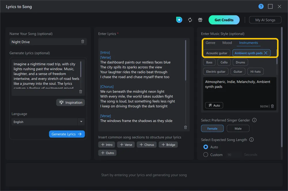 The Instruments tab with Ambient synth pads selected and added to the style