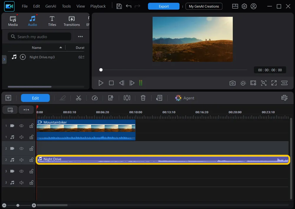 The Night Drive song placed on audio track 2 under the video clip, highlighted