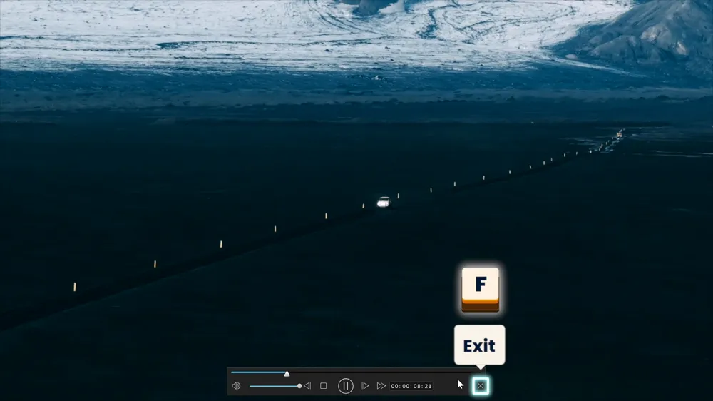 The X button highlighted at the right end of the full-screen playback bar, with the F key shown
