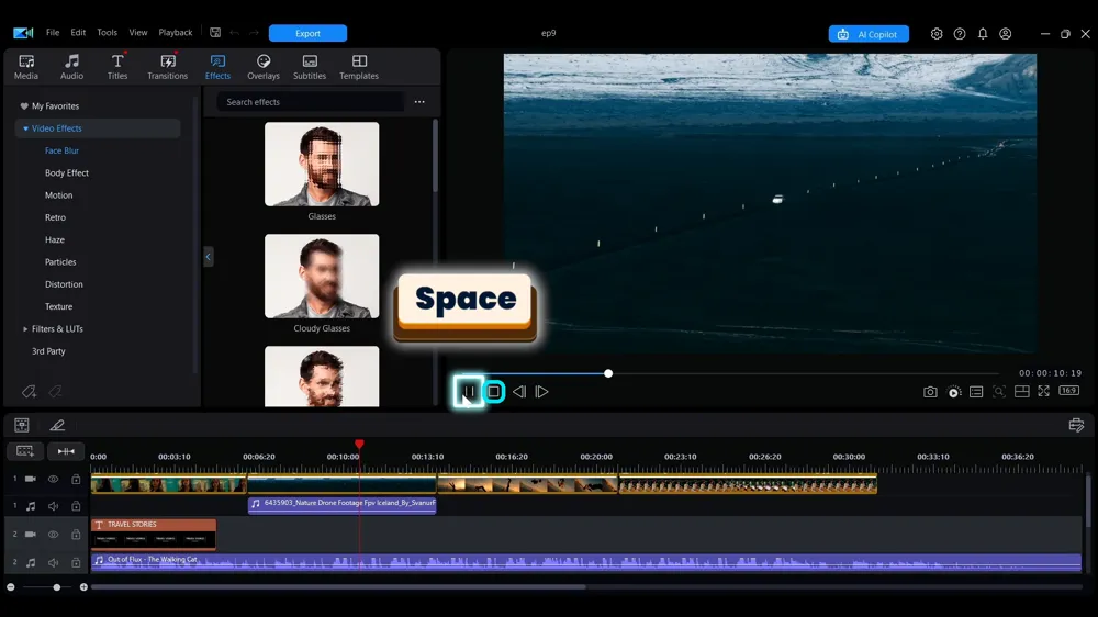 The play and pause button and the Stop button boxed under the preview window, with the spacebar shortcut