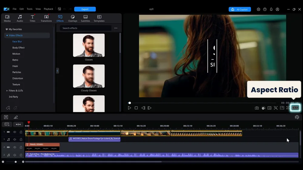 The 16:9 aspect ratio button highlighted at the bottom right of the preview window