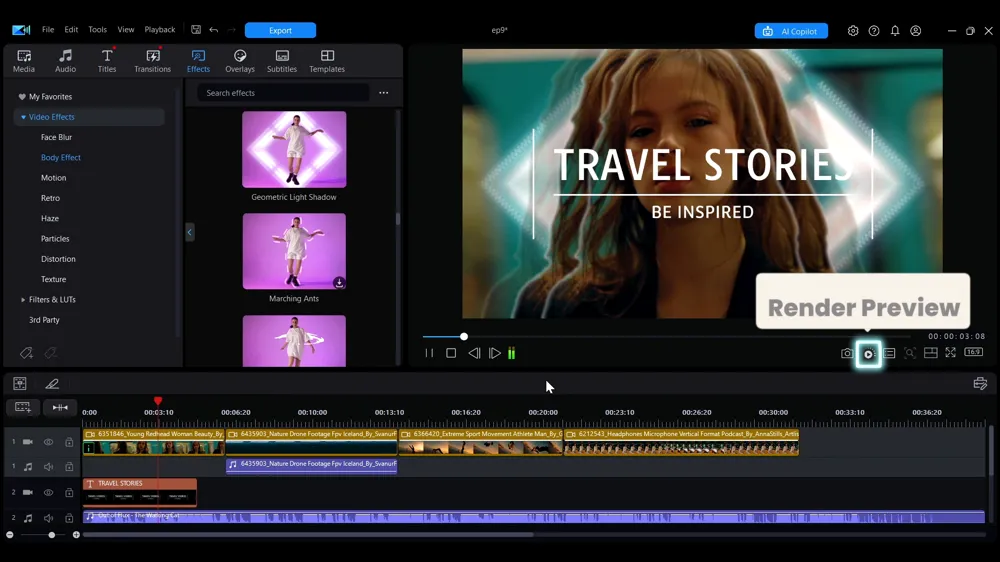 The Render Preview button highlighted next to the camera icon under the preview window