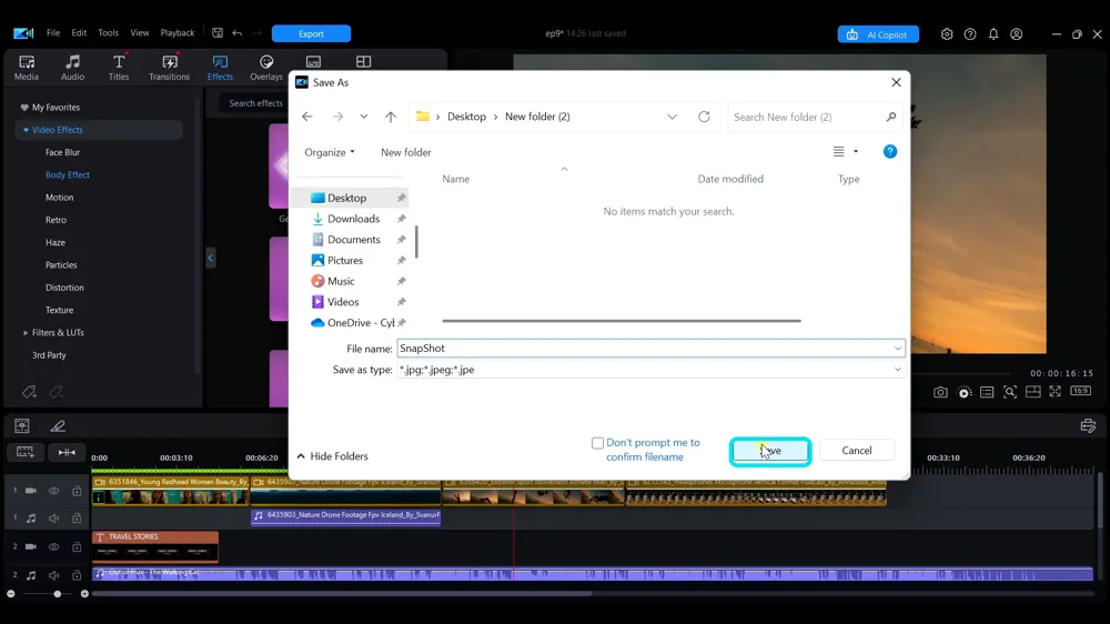 The Save As window for a snapshot, with the Save button highlighted