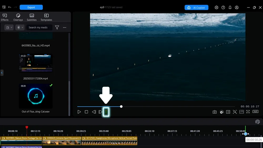 The volume meter highlighted next to the playback buttons under the preview window
