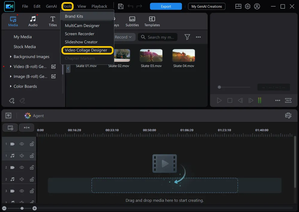 PowerDirector with the Tools menu open and Video Collage Designer highlighted