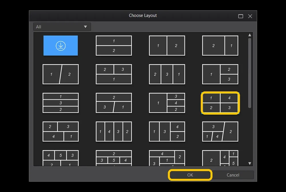 The Choose Layout window listing collage layouts, with the two-by-two grid and the OK button highlighted
