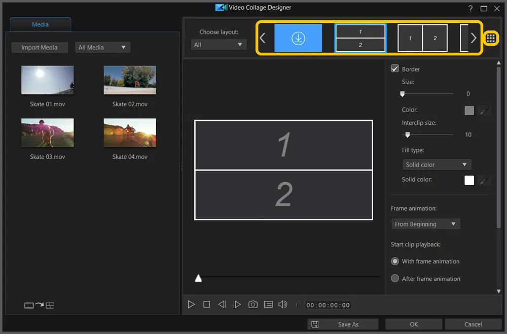 Video Collage Designer with the Choose layout row and the show-all layouts button at its right end highlighted