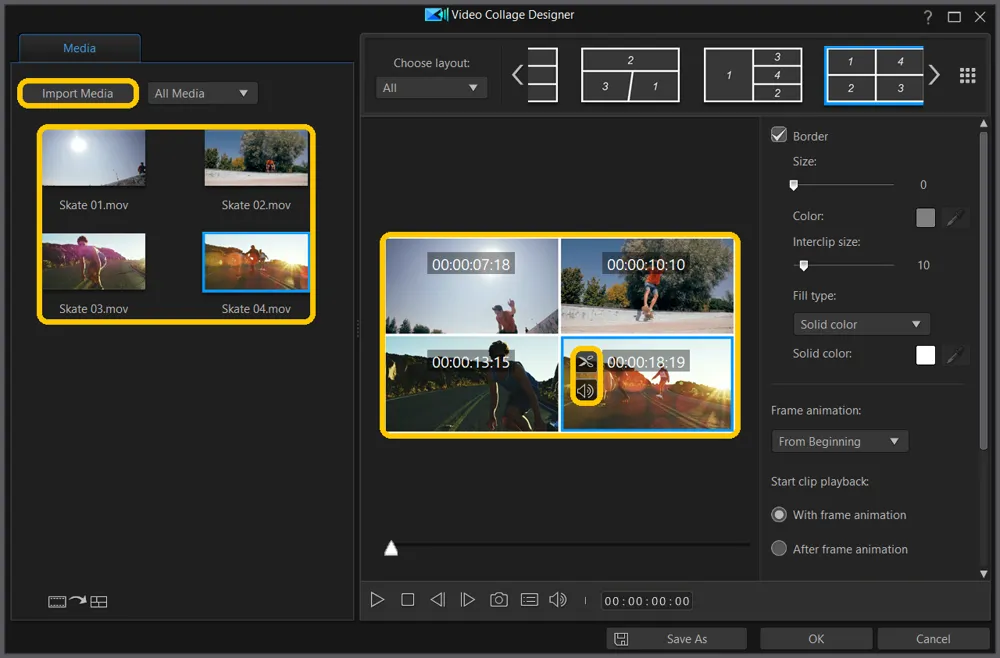 Video Collage Designer with four skateboarding clips in a two-by-two layout, and Import Media, the media list, the filled cells, and the trim and mute buttons highlighted