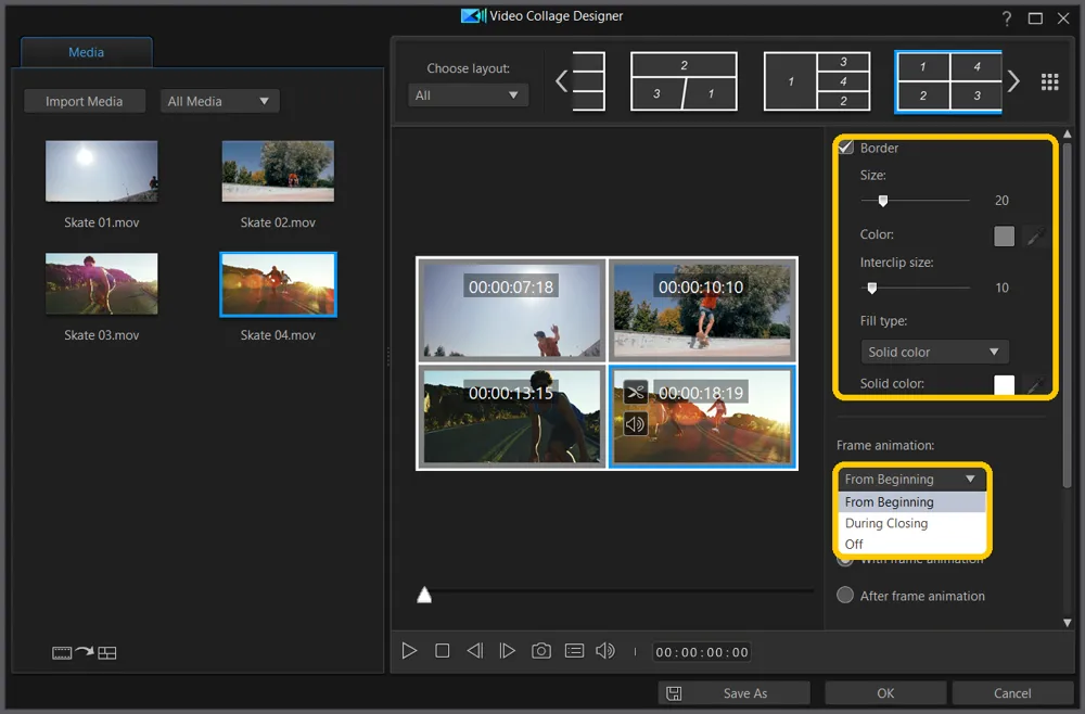 Video Collage Designer with the Border settings highlighted and the Frame animation menu open, listing From Beginning, During Closing, and Off