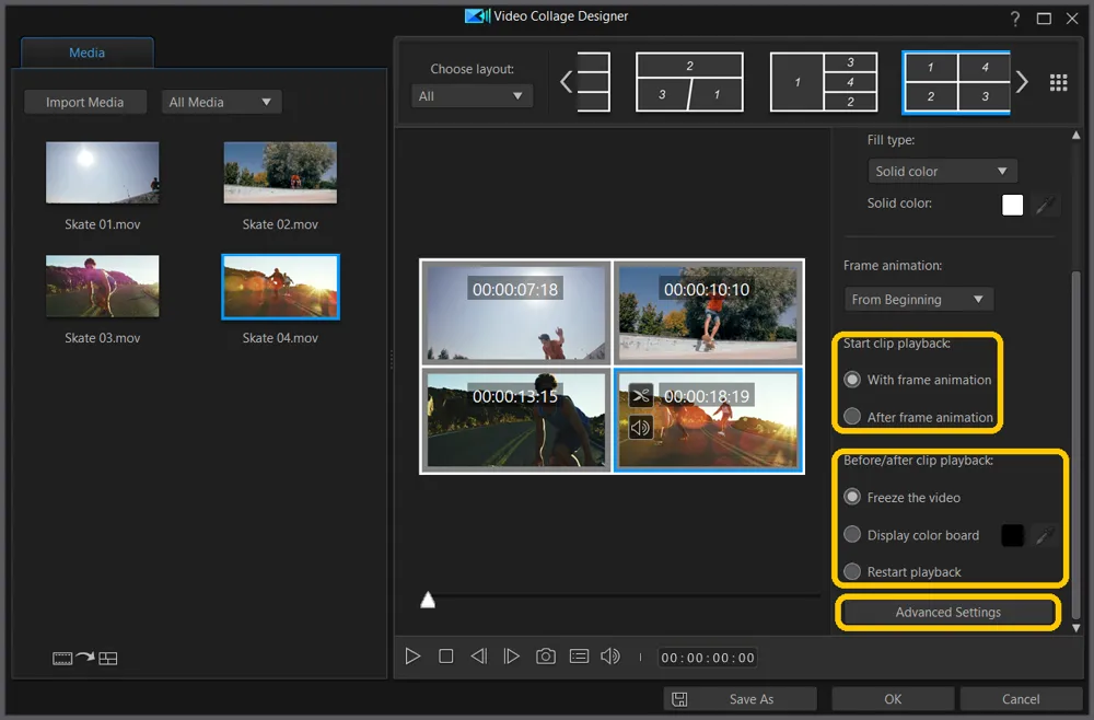Video Collage Designer with Start clip playback, Before/after clip playback, and the Advanced Settings button highlighted