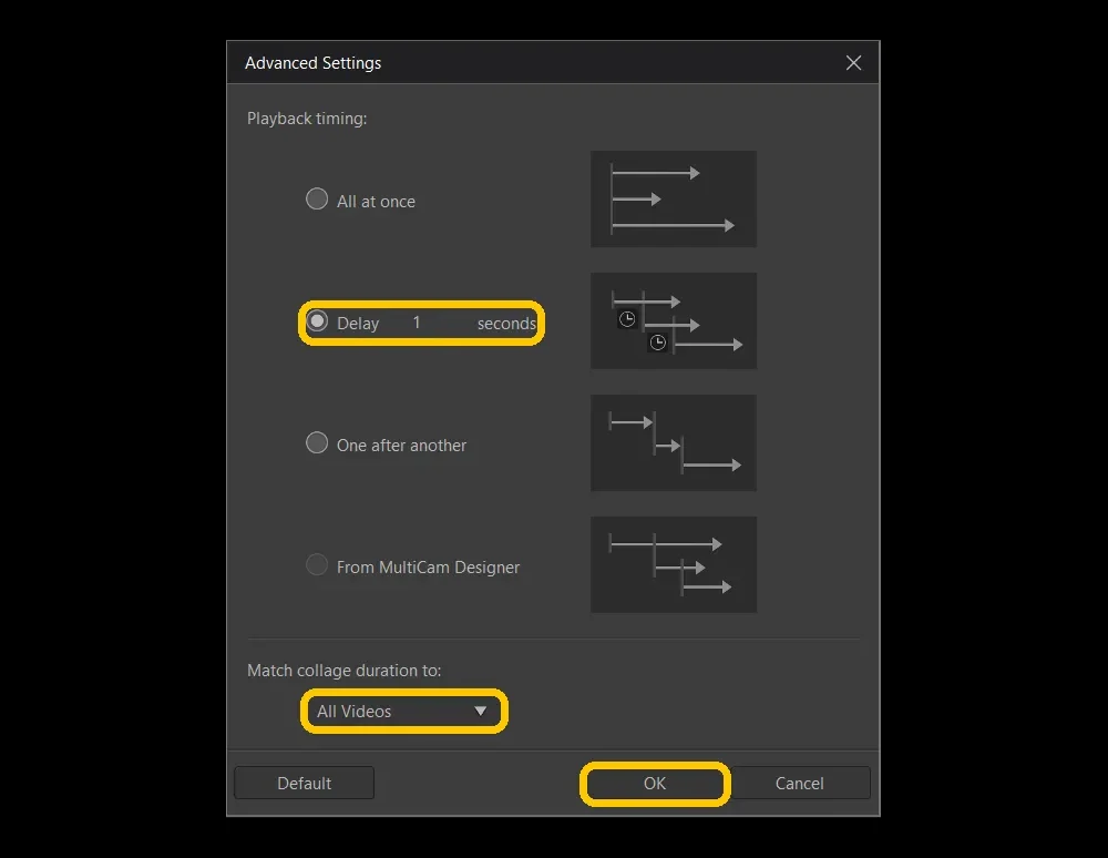 The Advanced Settings window with Delay set to 1 second, Match collage duration to set to All Videos, and the OK button highlighted