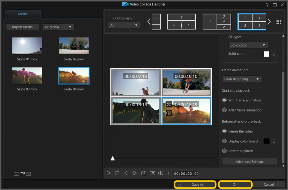 Video Collage Designer with the Save As and OK buttons highlighted at the bottom of the window