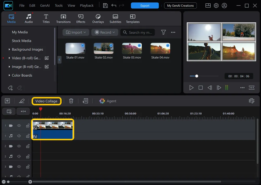 PowerDirector with the collage as one clip on track 1, the Video Collage button above the timeline highlighted, and the two-by-two collage in the preview