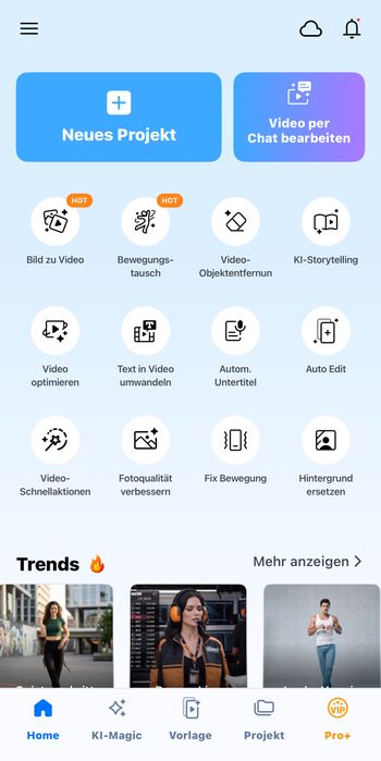 Die Startseite der Video Editor App PowerDirector